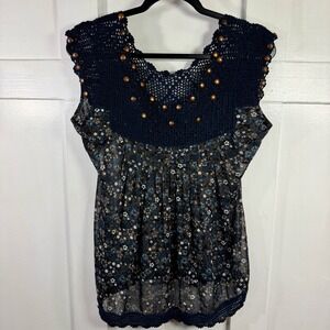 HazelHaze Crochet Top Floral Sheer‎ Blouse Embellished Beaded XS